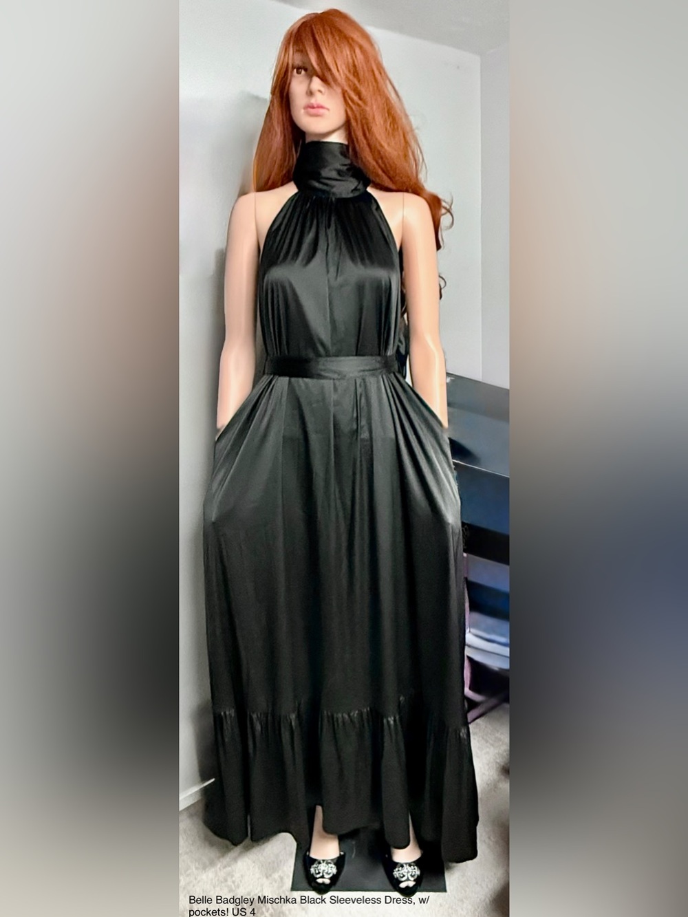 Belle Badgley Mischka Black Satin Halter Maxi Dress Size 4 Tie Neck Pockets